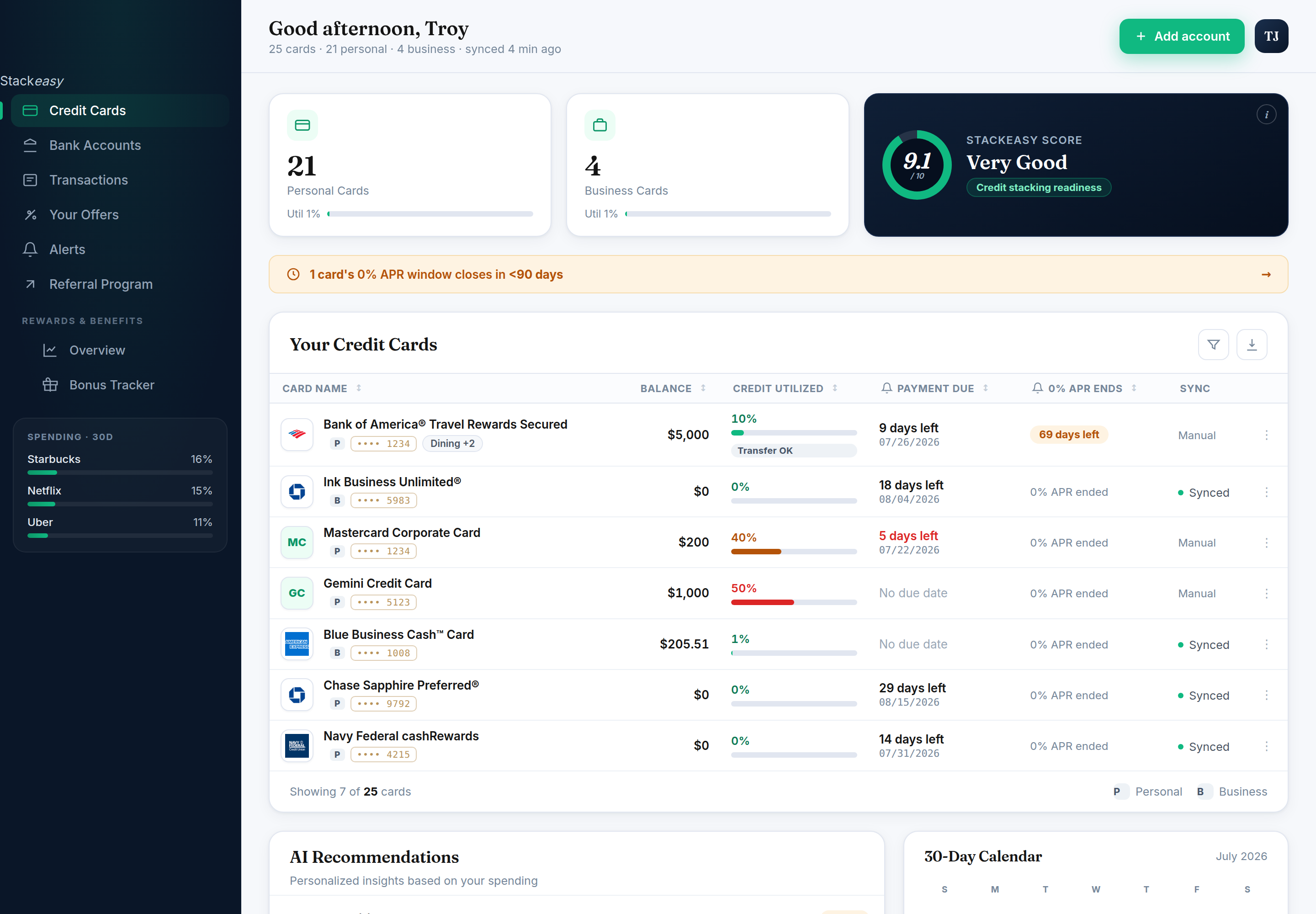 StackEasy Credit Cards dashboard