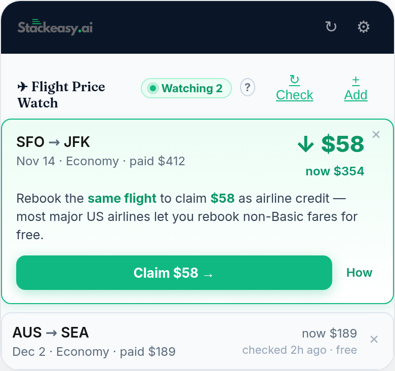 StackEasy Flight Price Watch panel tracking a San Francisco to JFK flight with a 58 dollar fare drop and a Claim $58 button, plus a second Austin to Seattle flight being watched