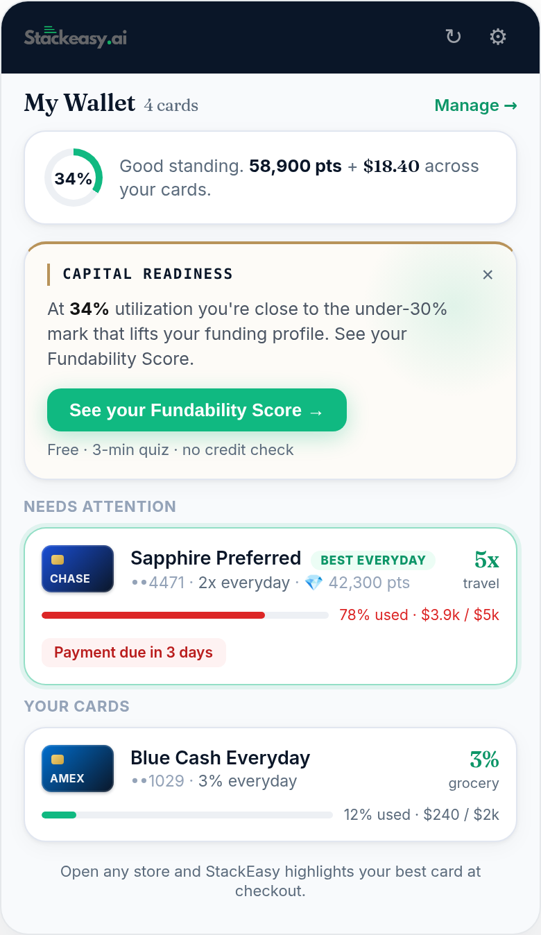 StackEasy wallet panel showing card utilization and a Capital Readiness prompt to check your free Fundability Score