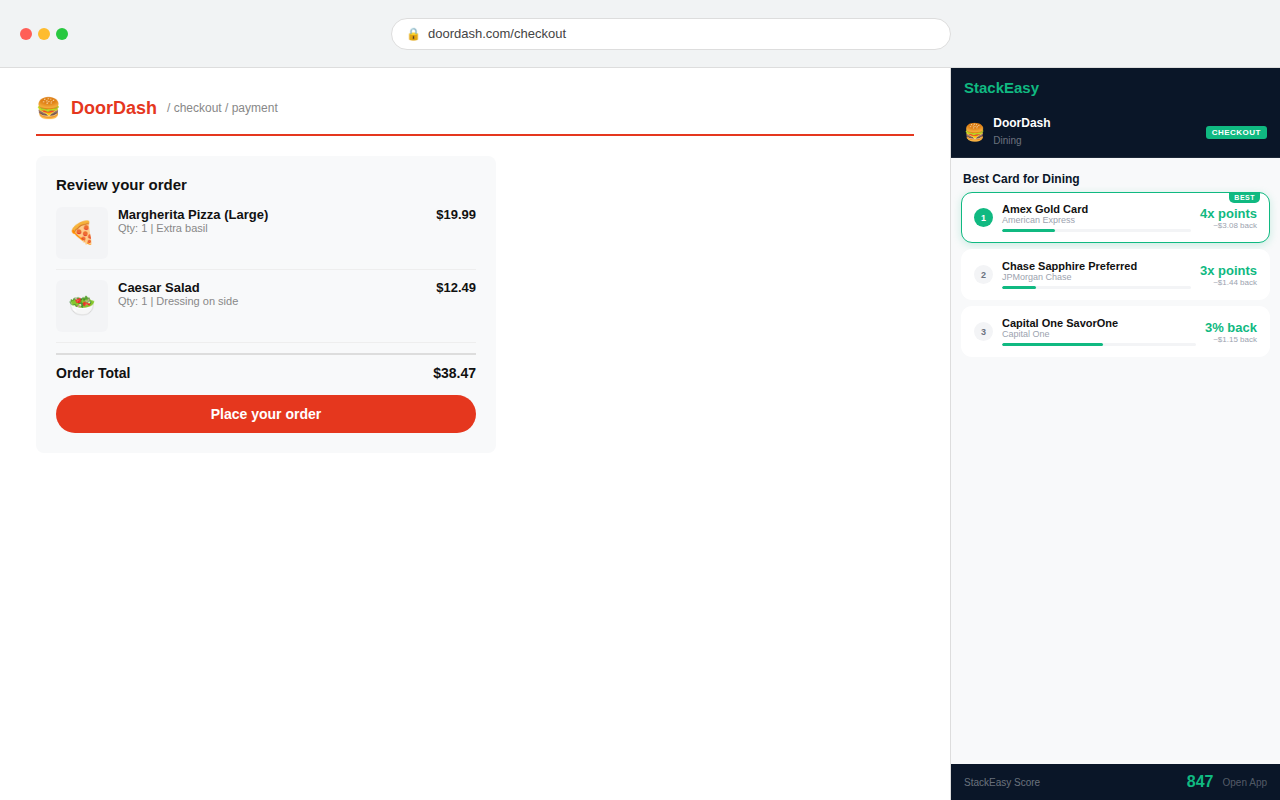 StackEasy ranking dining cards on DoorDash checkout