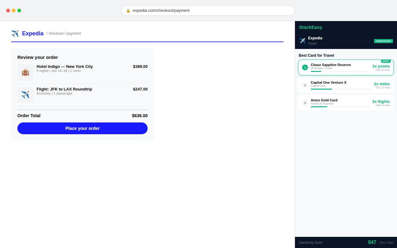 StackEasy ranking travel cards on Expedia