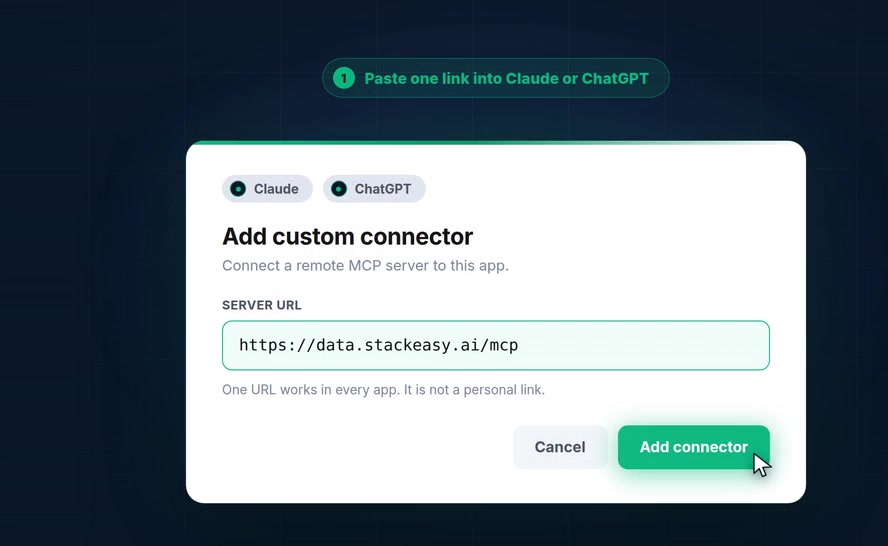 StackEasy MCP setup walk-through: paste one link to add the connector, sign in, then ask a real question about your cards.